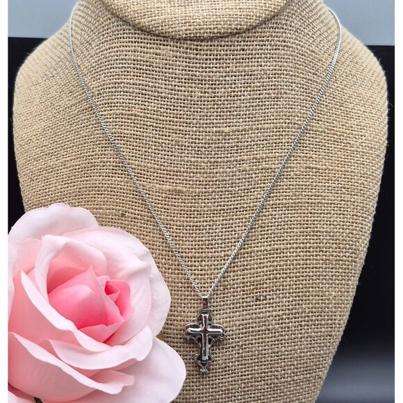 Annaleece Silver Tone Reversible Cross Pendant Necklace Crystal 18" Religious - Picture 6 of 11